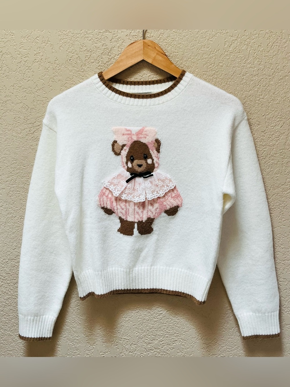 Faded Rose Sweaters White Teddy Bear Sweater with Pink Dress Detail